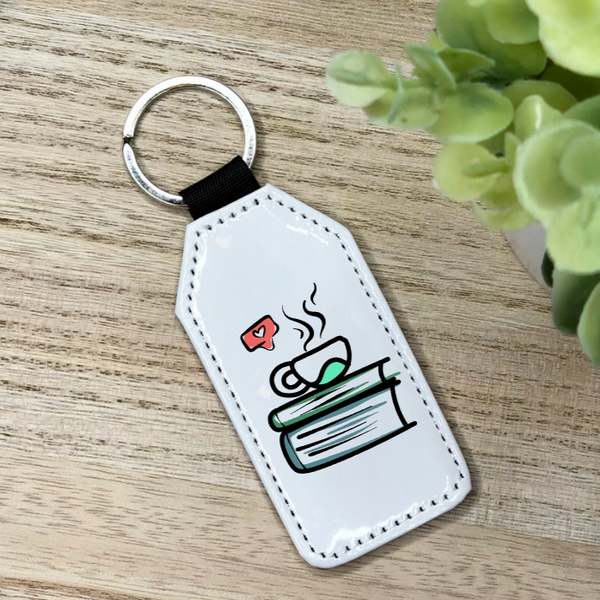 Books and Coffee/Tea Glitter Backed Faux Leather Keychain