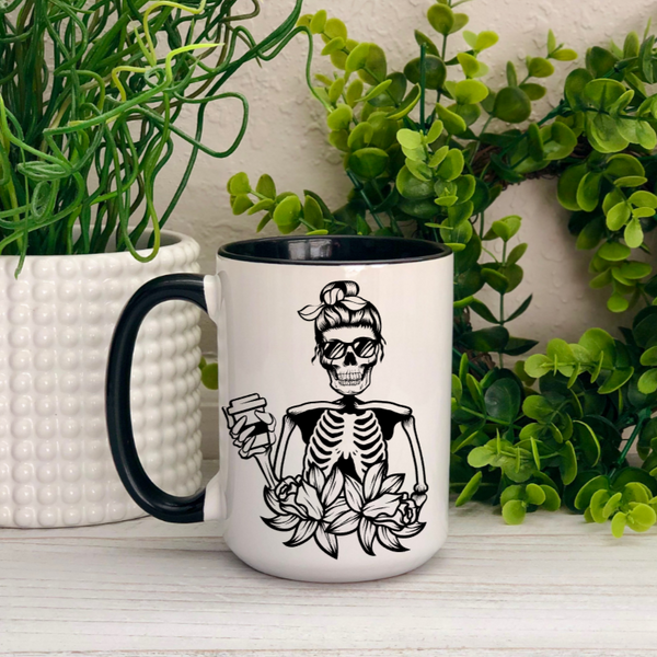 Skeleton Mom Bun with Flowers Ceramic Mug (front view)