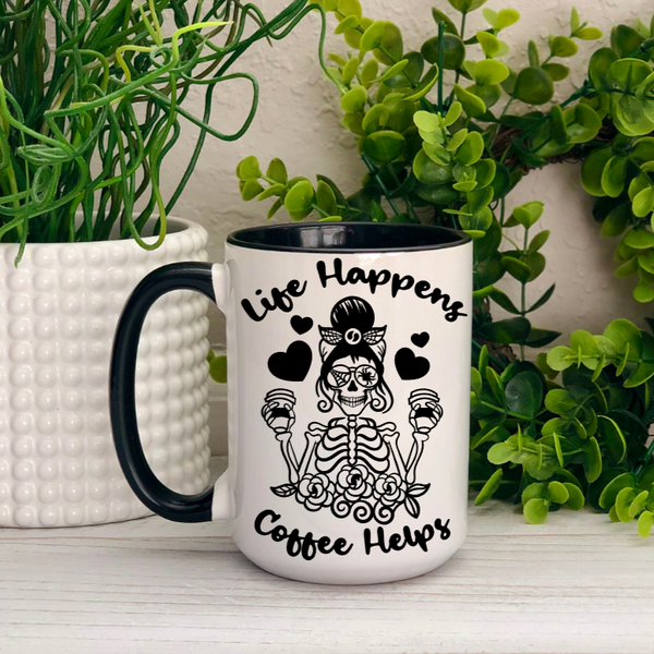 Life Happens, Coffee Helps Mom Bun Skeleton Ceramic Mug