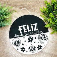 Feliz Dia De Los Muertos Halloween Wood Round Thin Doorhanger