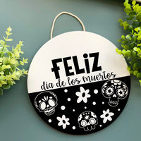 Feliz Dia De Los Muertos Halloween Wood Round Thin Doorhanger