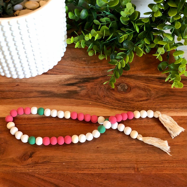 Watermelon Pink, White and Green Beaded Garland