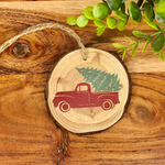 Red Truck with Tree Wood Slice Christmas Ornament